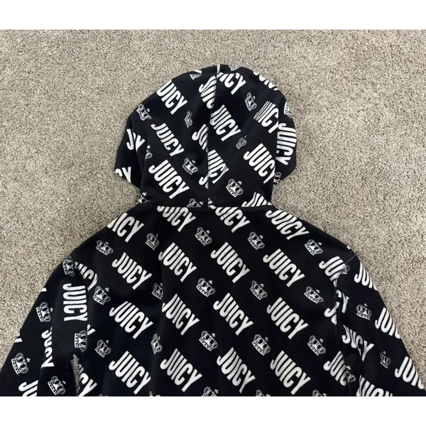 Y2K JUICY COUTURE Velvet Logo Print Hooded Jumpsuit Black Velour Vintage Glam XS - Image 9