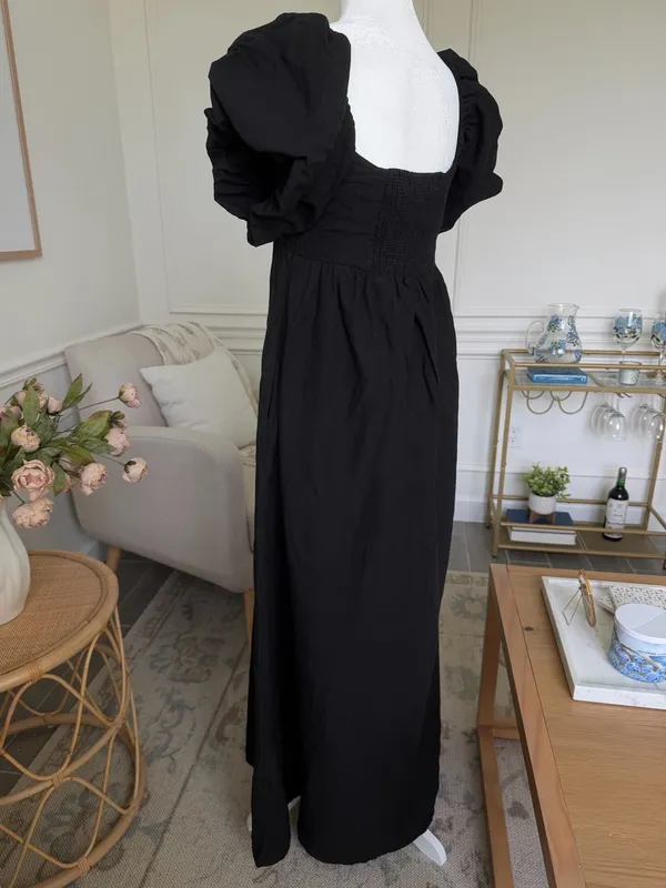 A. REN Candace Linen Maxi Dress Washed Black Puff Sleeve Smocked Back M - Image 10