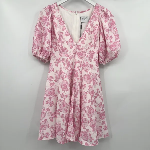 Hello Molly Women's 4 Short Sleeve Pink White Floral Mini Dress V-Neck Girly NWT - Image 2