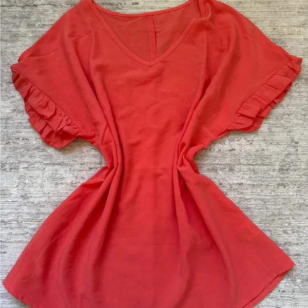 Orange/Red Ruffle Sleeve Top (Size Medium) Red - Image 4