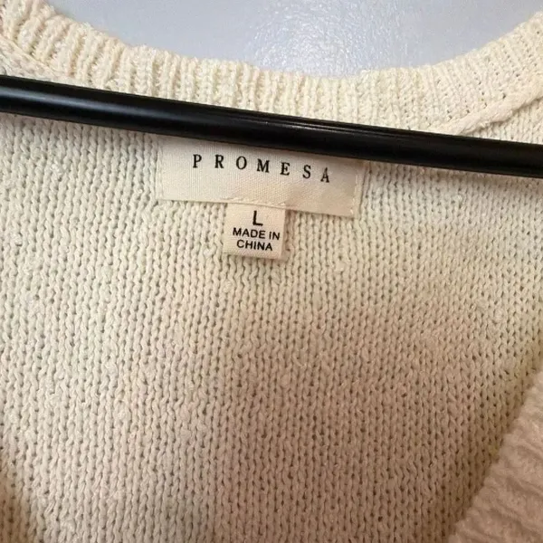 Promesa Women’s Large Ivory Knit Sweater Vest Fringe Hem Boho V-Neck Tank Top #1 - Image 4