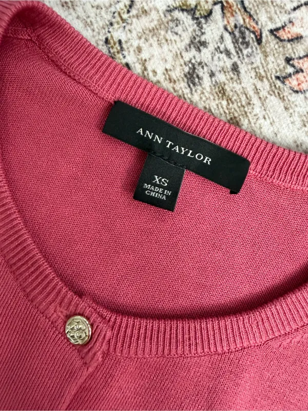 Ann Taylor Rose Pink Short-Sleeve Button Silk Cardigan - Image 9