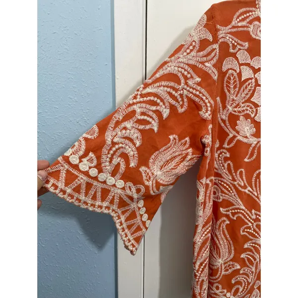 Solitaire Blouse XL Orange Floral Embroidered 3/4 Sleeve Cottage Core Boho - Image 3