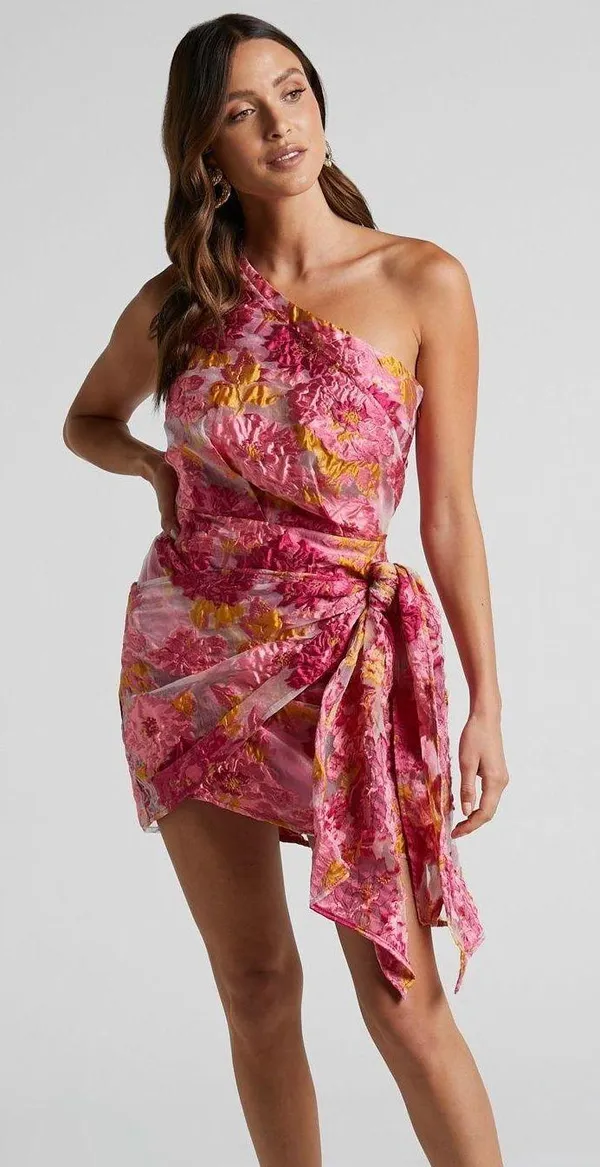 Showpo BRAILEY MINI DRESS - ONE SHOULDER WRAP FRONT IN PINK JACQUARD - Image 7