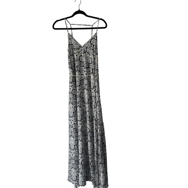 Hanalulu Wahine Navy White‎ Floral Maxi Dress Med Rayon Strappy Vacation - Image 2