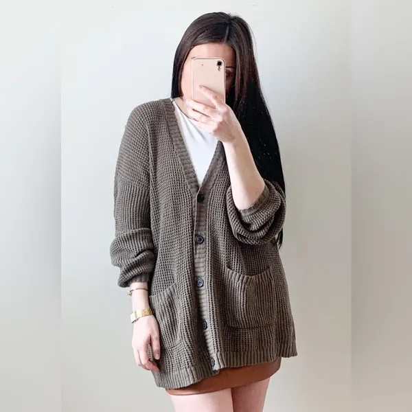 American Eagle Oversized waffle knit Grandpa Slouchy Cardigan Gray Brown XS/S - Image 5