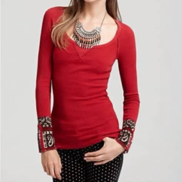 Free People Waffle Knit Henley Studded Cuff Red Long Sleeve Shirt Medium - Image 3