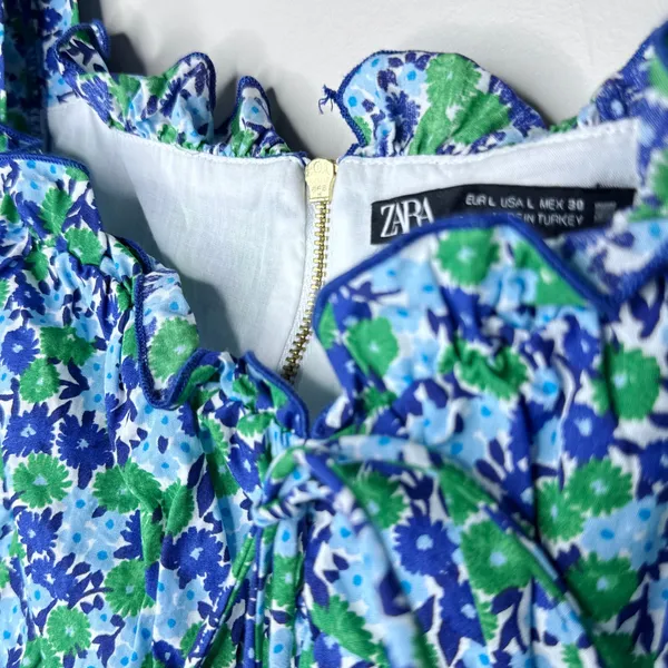 Zara Women's Puff Sleeve‎ Sweetheart Neckline Peplum Cropped Floral Top Large - Image 3