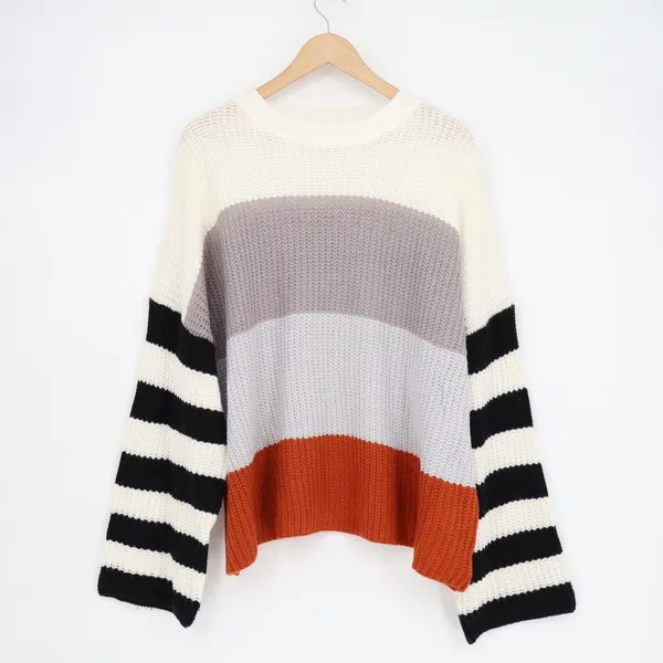 Shop the Mint Sweater Women Large Multi Striped Shaker-Stitch Knit Drop Shoulder - Image 2