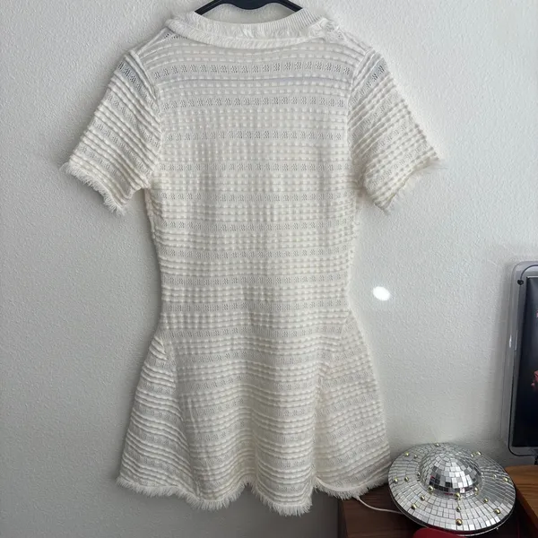 White Textured Fringe Trim V-Neck Henley Fit & Flare Mini Dress Short Sleeves - Image 6
