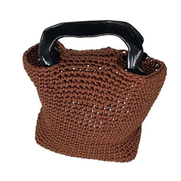 Womens Crochet Double Plastic Handle Tote‎ Handbag Brown 7”x 8.5”x 4” - Image 3