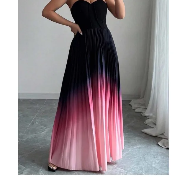 Plus Size 5X Strapless Ombre Pleated Maxi Evening Dress Black Pink - Image 3