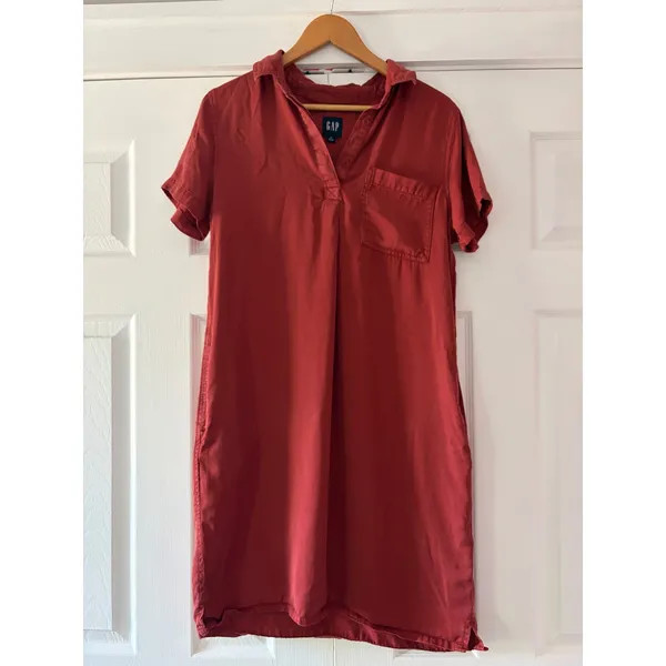 GAP Womens Rust Red Lyocell Short Sleeve Shift Dress Pocket Collared Medium - Image 3