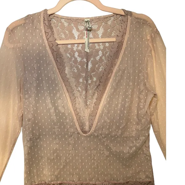 Intimately Free People Lace Swiss Dot Long Sleeve Bodysuit Mauve Pink Large - Image 3
