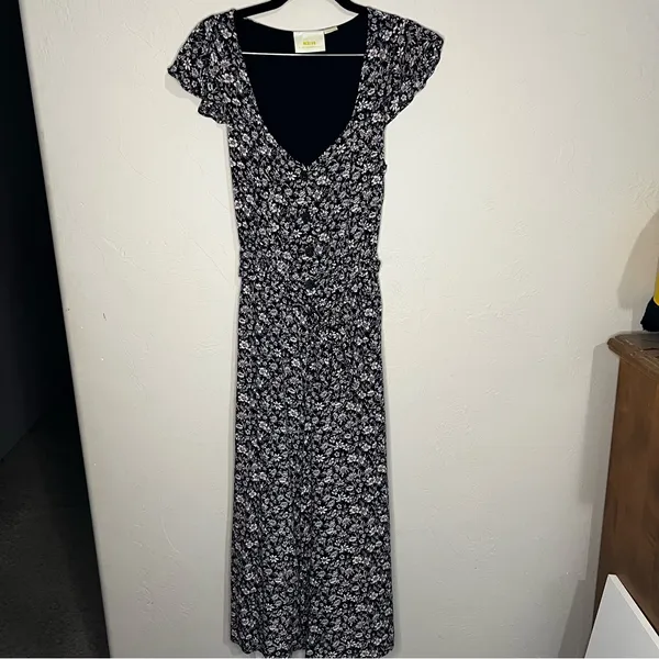 Maeve By Anthropologie Black Purple Ditzy Floral Belted Wide‎ Leg Jumpsuit - Image 2