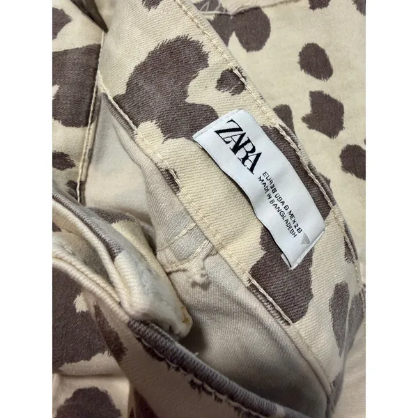 Zara Cow‎ Print High Waisted Flared Pants Brown Cream Womens Size 6 - Image 5