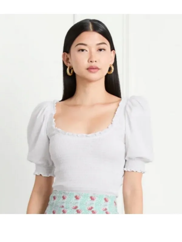 HILL HOUSE The Nap Top White Smocked Cropped Short Puff Sleeve XS NEW - Image 2