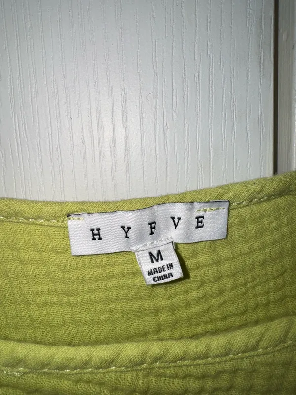 Hyvfe Lime Green Textured Ruffle Sleeve linen type material Top - Image 3