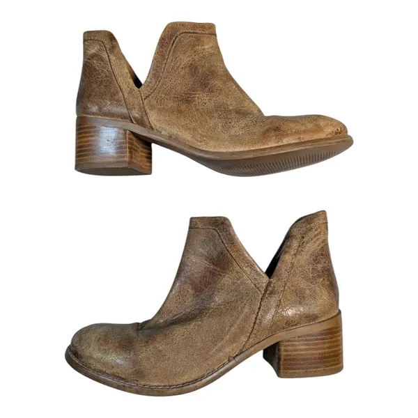 Diba True Work Nerd Tan Distressed Leather Block Heel Cutout Ankle Boots Sz 8 - Image 2