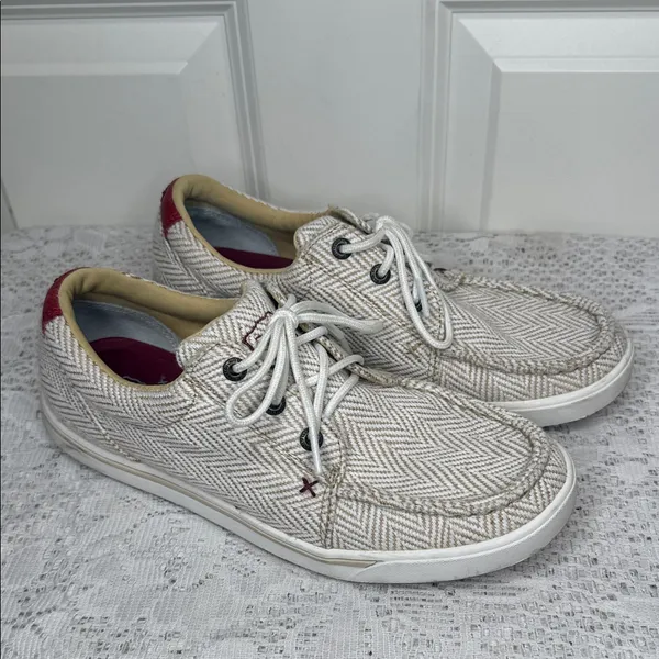 Twisted X Blend 85 tan white herringbone embroidered boat shoes sneakers sz 8 - Image 2