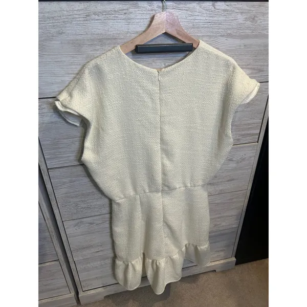 TCEC Maris Dress White Tweed Gold Button Shoulder Ruffle Hem Mini Dress Medium - Image 5