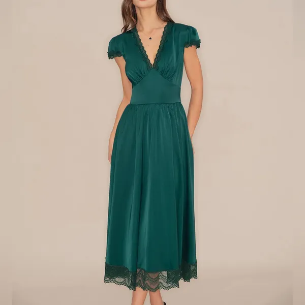Rihoas Green V Neck Lace Maxi Dress - Image 3