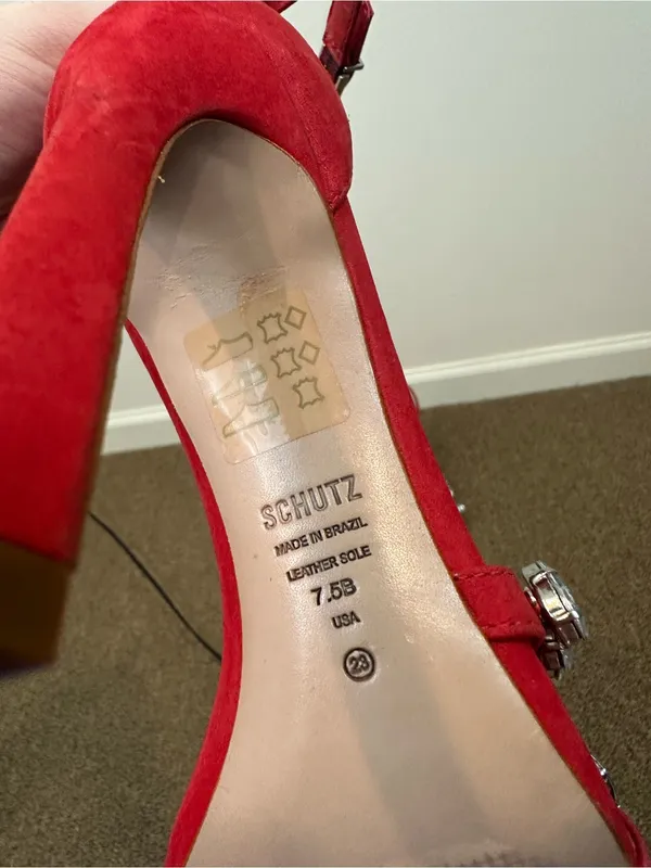 Schutz Red Embellished High Heels Strappy Square Toe Size 7.5 Women's - Image 5