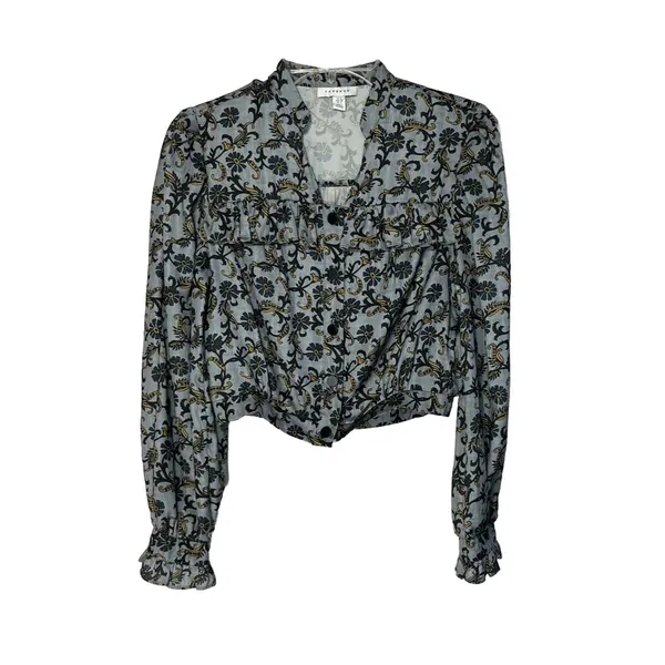 Topshop CROP BLOUSE paisley Frill In Blue Long Sleeve Boho Size 4 - Image 2