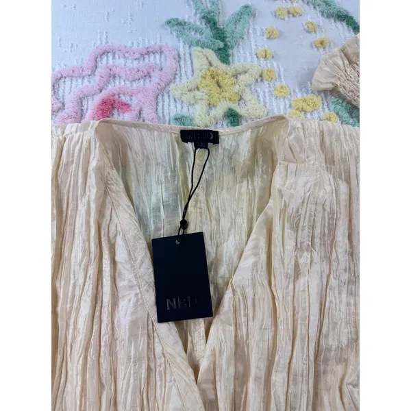 NBD Womens Cream Crinkle Wrap‎ Tie Waist Long Sleeve Blouse Top Size S - Image 8