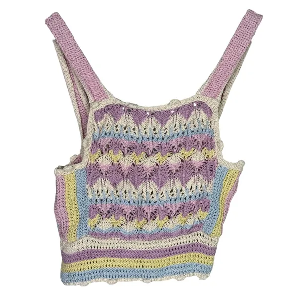 Zara Rare Sleeveless Crochet Knit Stretch Cropped Tank Top M Pink Multicolors - Image 11