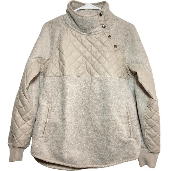 Abercrombie & Fitch Sherpa Fleece Quilted Sweatshirt Asymmetrical Snap Cream S - Image 2