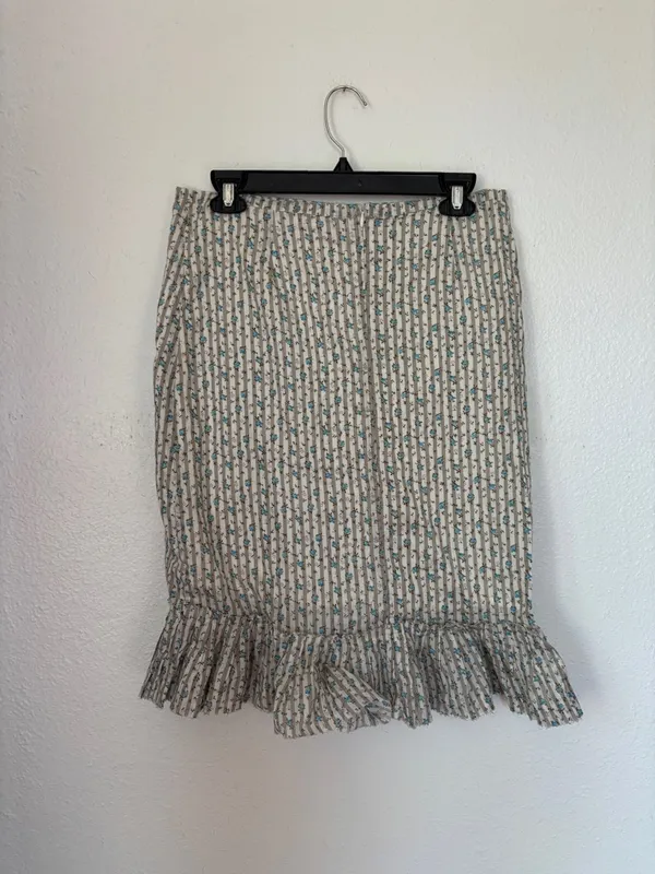 Y2K Cotton Boho Free People Floral Striped Ruffle Frayed Hem Midi Skirt - Image 5