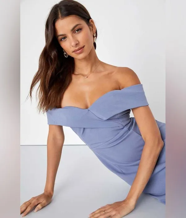 Song of Love Blue Grey Off-the-Shoulder Maxi Dress Elegant Evening Gown - Image 4