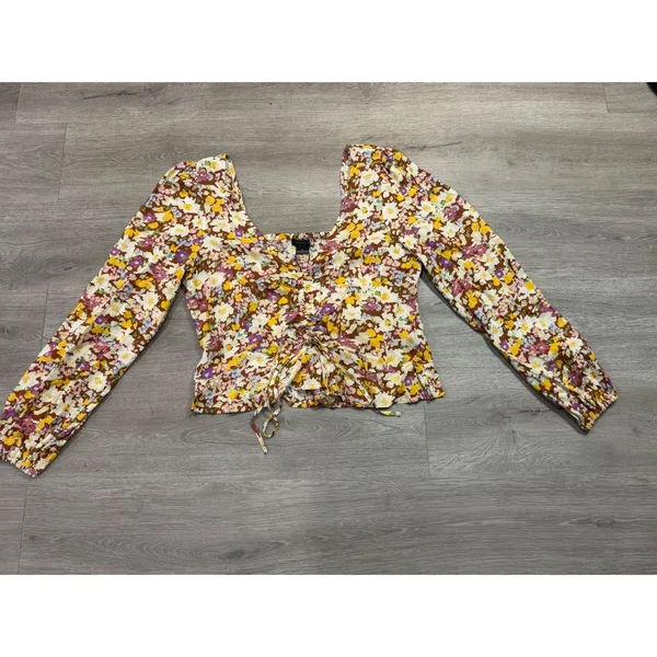 Sanctuary Floral Tie Front Peplum Blouse XL Cottagecore Puff Sleeve Top NWT - Image 3