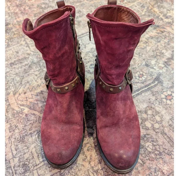 A.S.98 Womens Saint Burgundy Suede Studded Buckle Moto Ankle Boots US 6.5 - 7 - Image 2