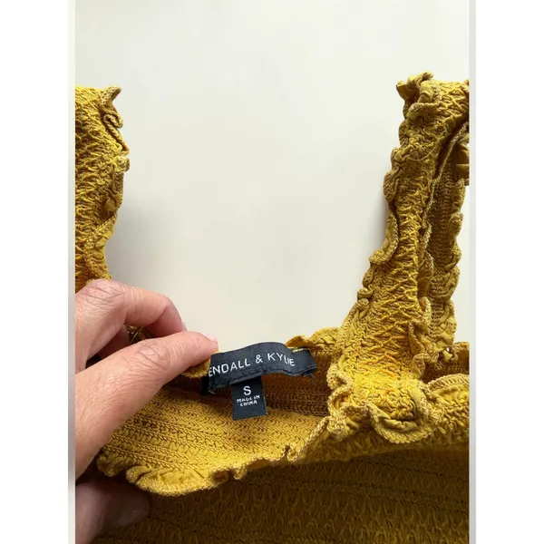 Kendall & Kylie Mustard Yellow Smocked Ruffle‎ Crop Top Small Boho Textured Knit - Image 2