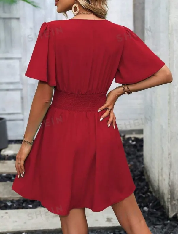 SheIn Clasi Plunging Neck Butterfly Sleeve Ruched Waist Dress - Image 4