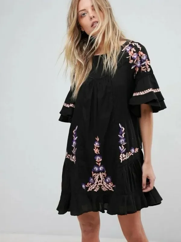 Free People Black Pavlo Embroidered Cottagecore Boho Mini Babydoll Dress - Image 5