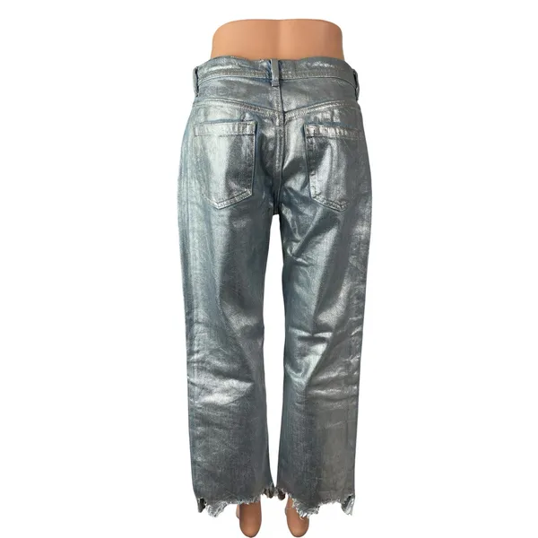 Free People Metallic Silver Raw Frayed Hem Barrel Wide Leg Denim Jeans Pants 26 - Image 4