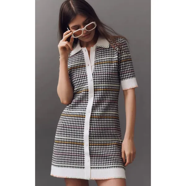 Maeve Colorful Houndstooth Button Front Knit Sweater Shift Mini Dress Medium NWT - Image 2