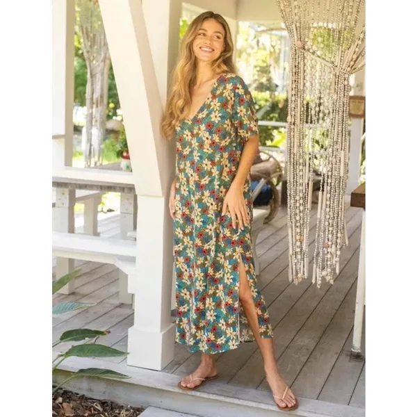 Natural Life Claire Maxi Dress in Blue Tan lilies WOMENS LARGE - Image 8