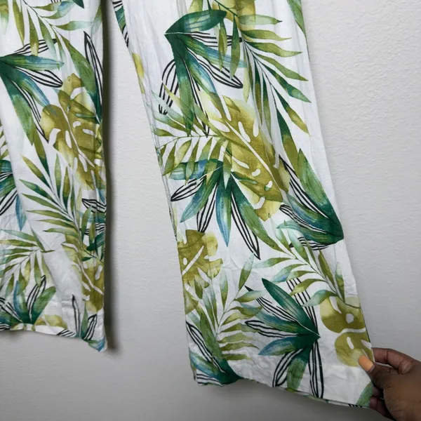 Sigrid Olsen Women‎ Linen Pants Large White Green Tropical Palm Leaf Wide Leg - Image 2
