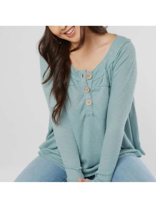 Free People We the Free Must Have Henley Waffle Aqua blue Long Sleeve size large - Image 2