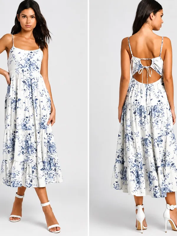 🌸 Lulus‎ Mykonos Mood Ivory Floral Print Tie Strap Tiered Midi Dress Size M 🌸 - Image 2