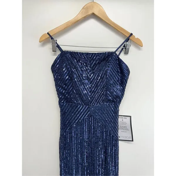 Emerald Sundae Navy Blue Sequin Column Gown Formal Dress Side Slit Size M NEW - Image 4