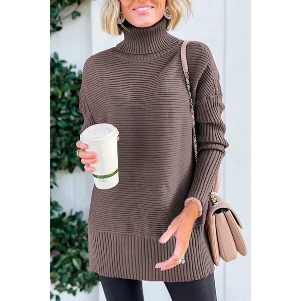 Turtleneck Oversized Tunic Long Sleeve Spilt Hem Pullover Knit Sweater Top S - Image 2