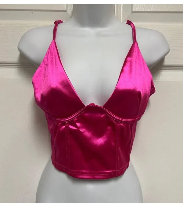 UNBRANDED Hot Pink Satin Corset Crop Top - Image 2