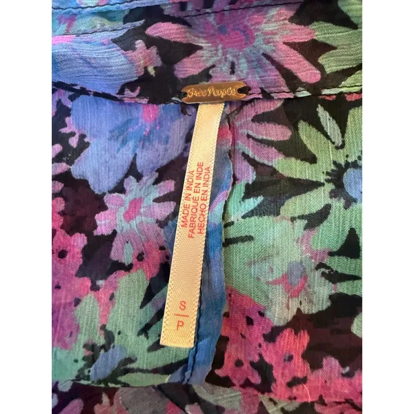 Free People Floral Ruched Side Button Down Shirt Purple Blue Small boho whimsi‎ - Image 5