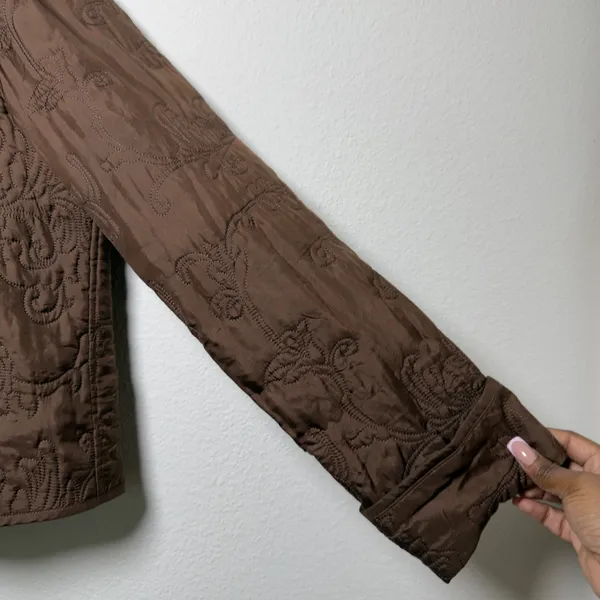 Due Per Due Women 100% SILK Chore Jacket L Brown Reversible Quilted‎ Embroidered - Image 3