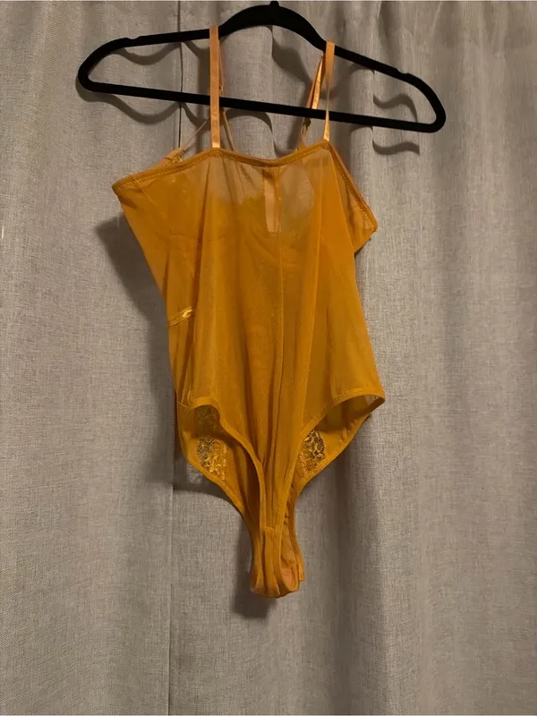 Sheer Lace Chemise Bodysuit in Golden Mustard size L - Image 4
